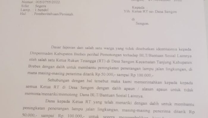 Diduga Ada Pungutan BLT, Kades Sengon Brebes Keluarkan Surat Edaran Perintah Pengembalian